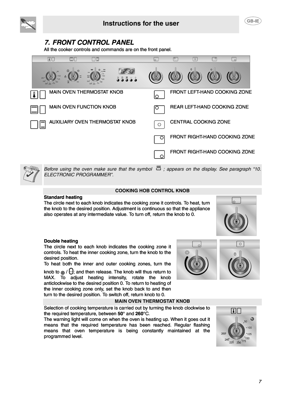 Smeg SUK92CMX5 Front Control Panel, Instructions for the user, COOKING HOB CONTROL KNOB Standard heating, Double heating 