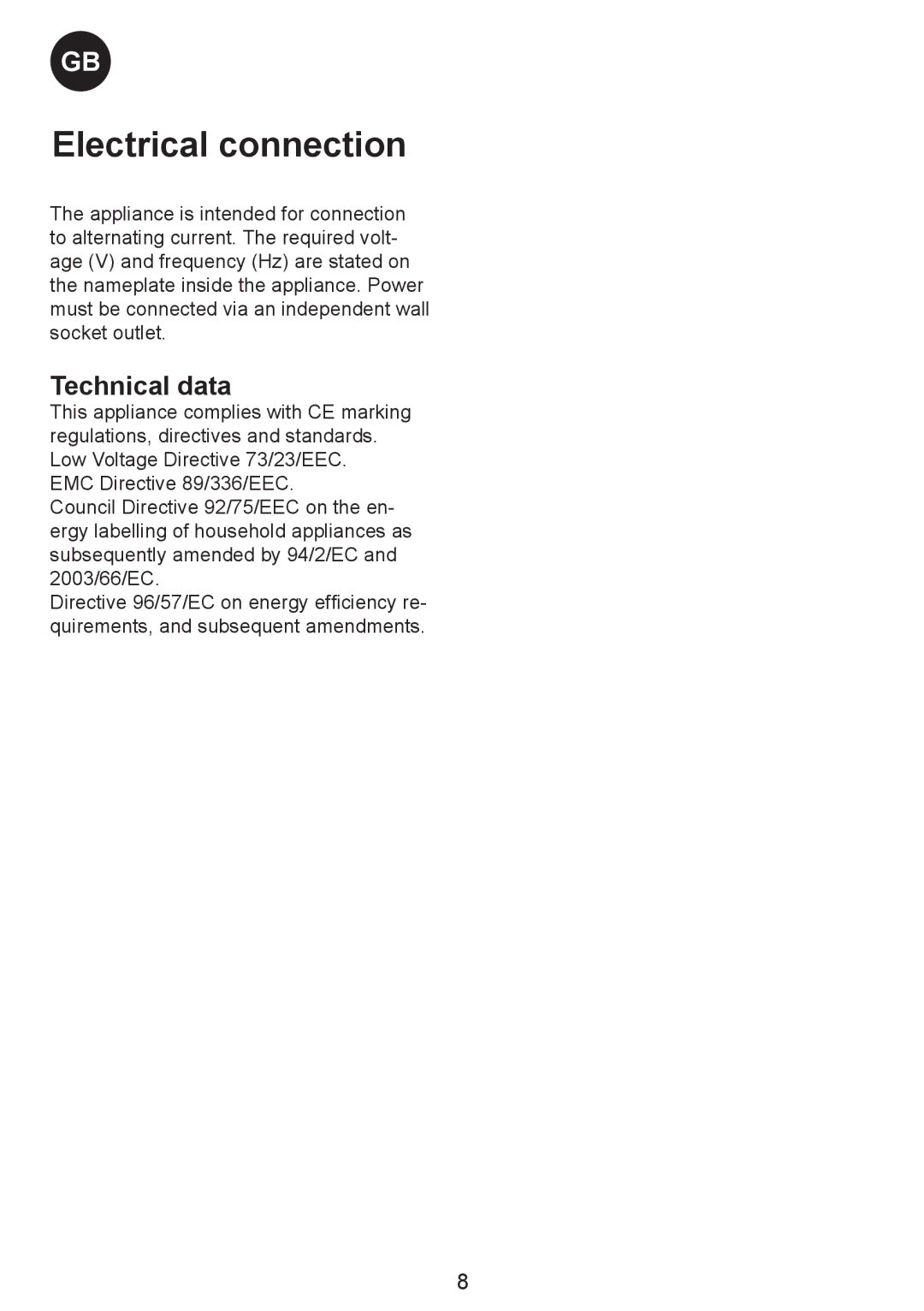 Smeg SW Range manual Electrical connection, Technical data 