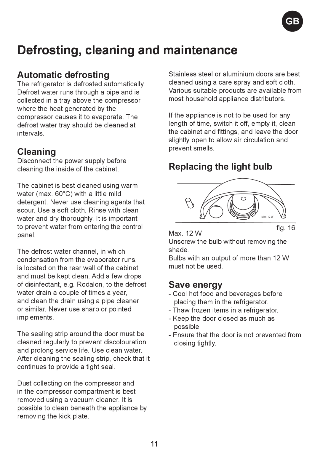 Smeg SW Range Defrosting, cleaning and maintenance, Automatic defrosting, Cleaning, Replacing the light bulb, Save energy 