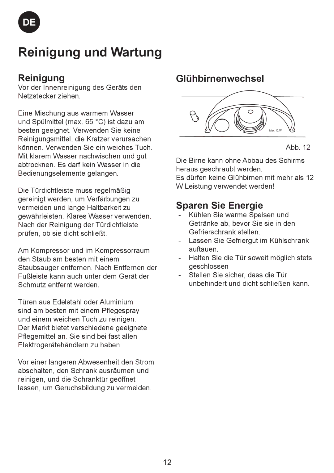 Smeg SW-Series manual Reinigung und Wartung, Glühbirnenwechsel, Sparen Sie Energie 