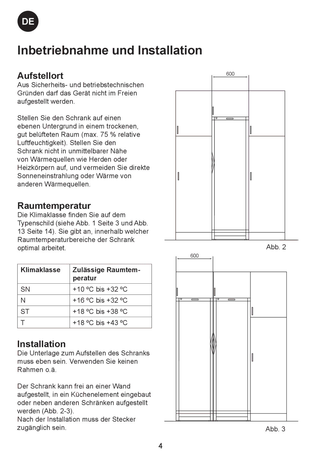 Smeg SW-Series manual Inbetriebnahme und Installation, Aufstellort, Raumtemperatur 