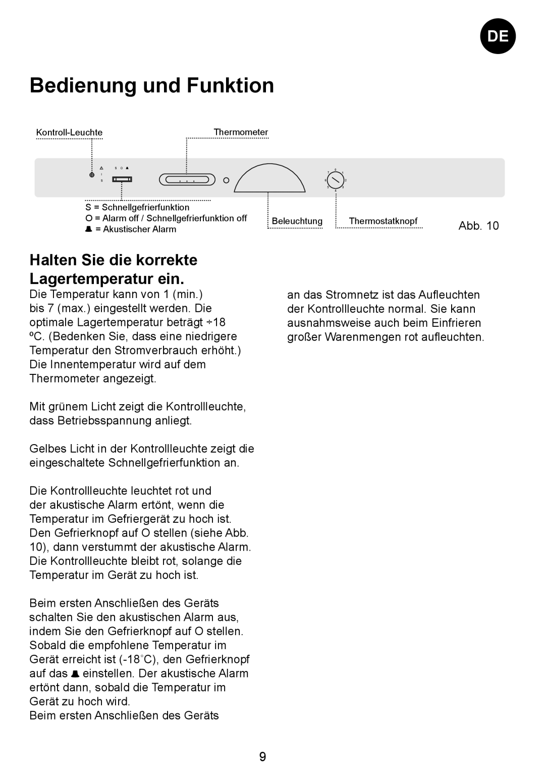 Smeg SW-Series manual Bedienung und Funktion, Halten Sie die korrekte Lagertemperatur ein 