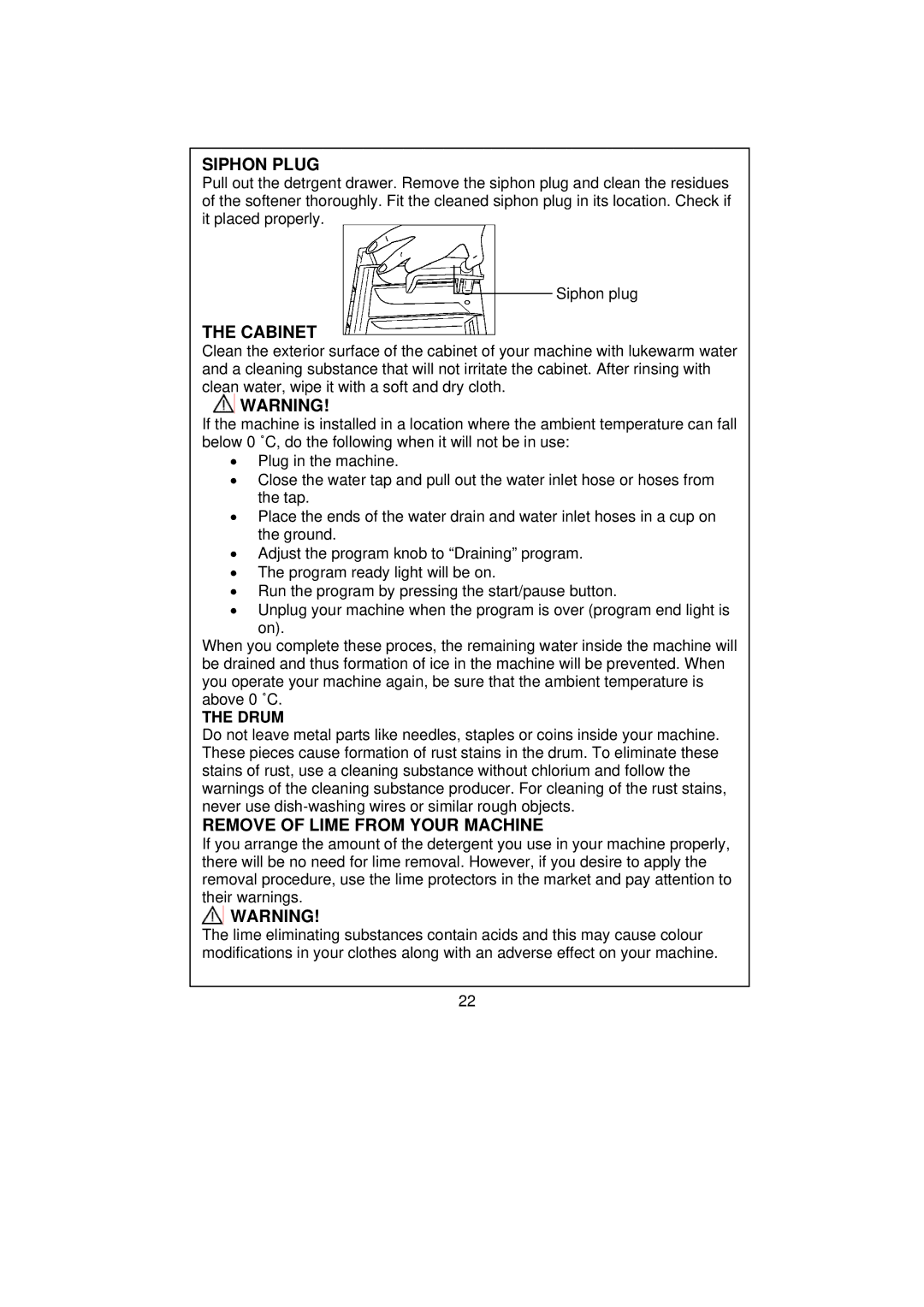 Smeg SWM65 user manual Siphon Plug, Cabinet, Remove of Lime from Your Machine, Drum 