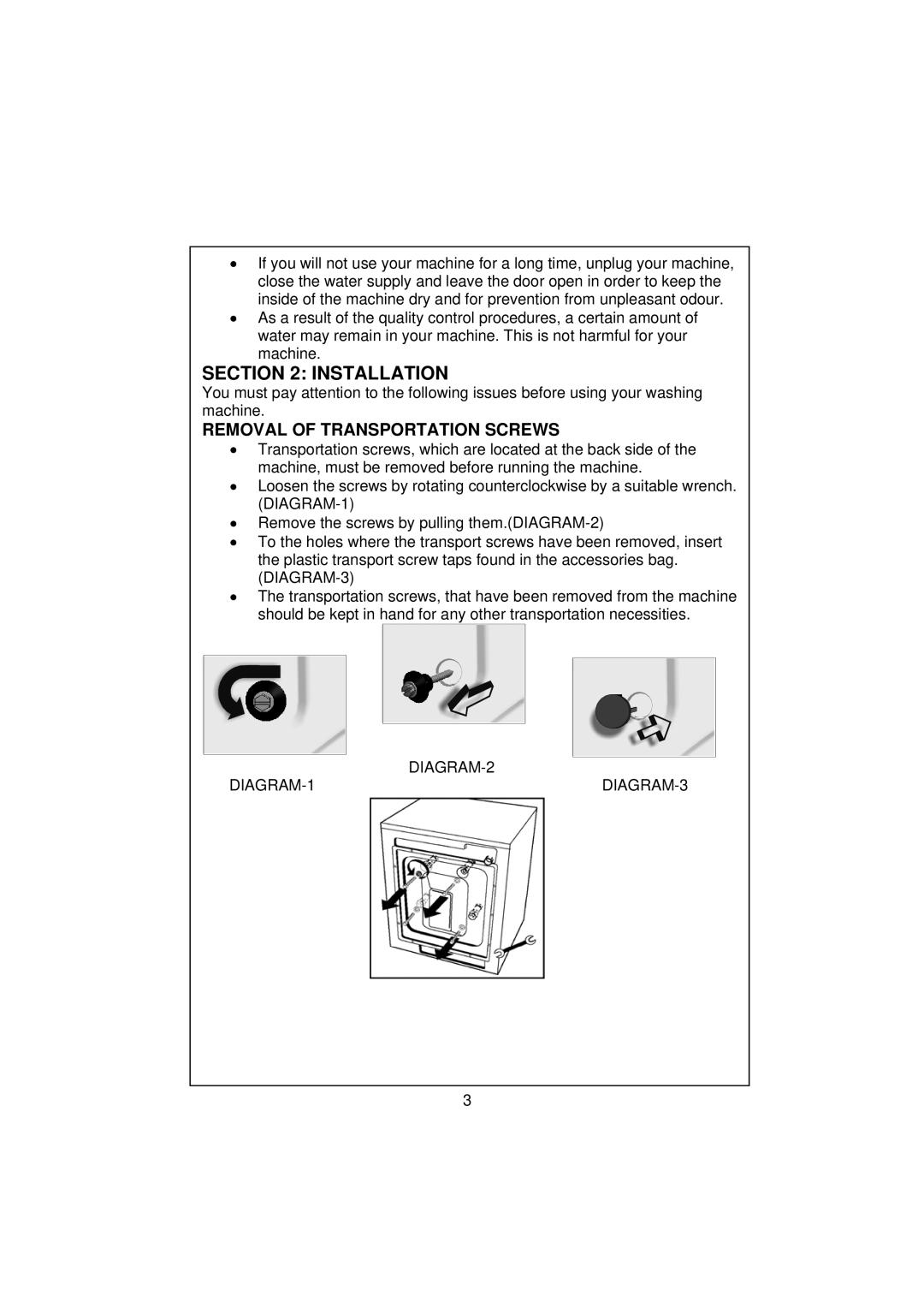 Smeg SWM65 user manual Installation, Removal of Transportation Screws 