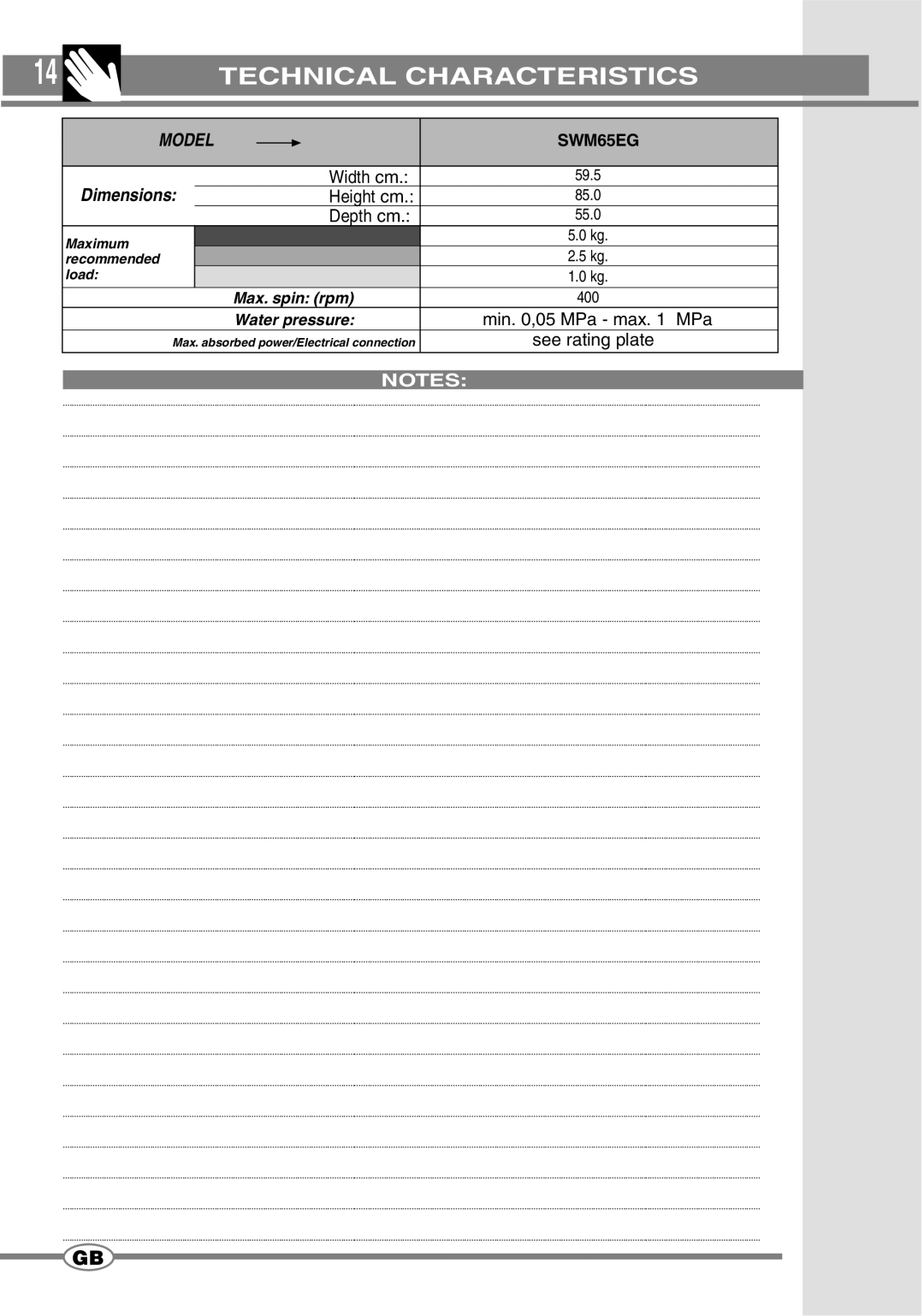 Smeg SWM65EG manual Technical Characteristics 