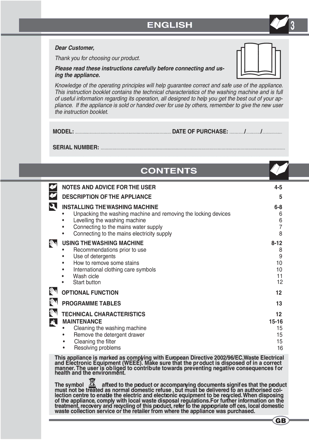 Smeg SWM65EG manual English, Contents 