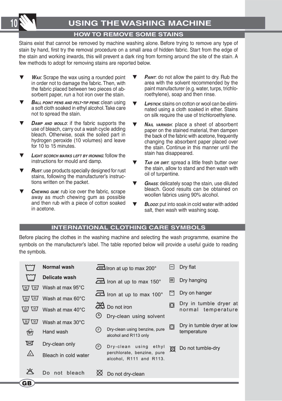 Smeg SWM65EG manual HOW to Remove Some Stains, Instructions for mould and damp, International Clothing Care Symbols 