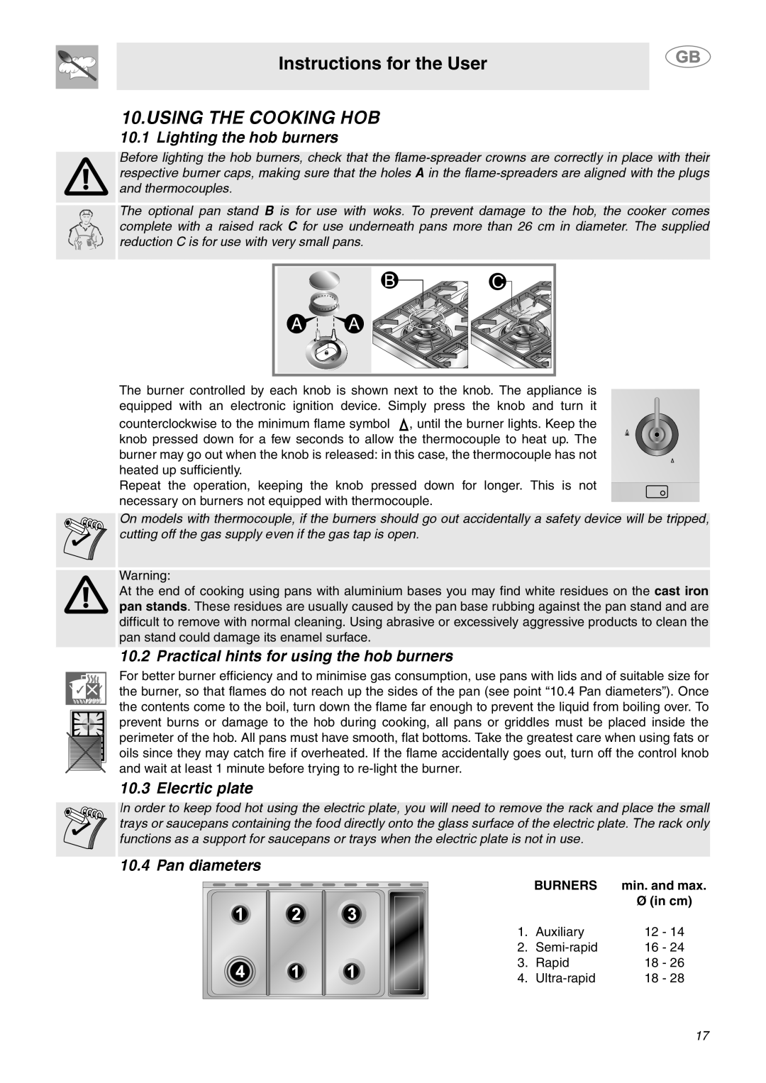 Smeg SY4110 Using the Cooking HOB, Lighting the hob burners, Practical hints for using the hob burners, Elecrtic plate 