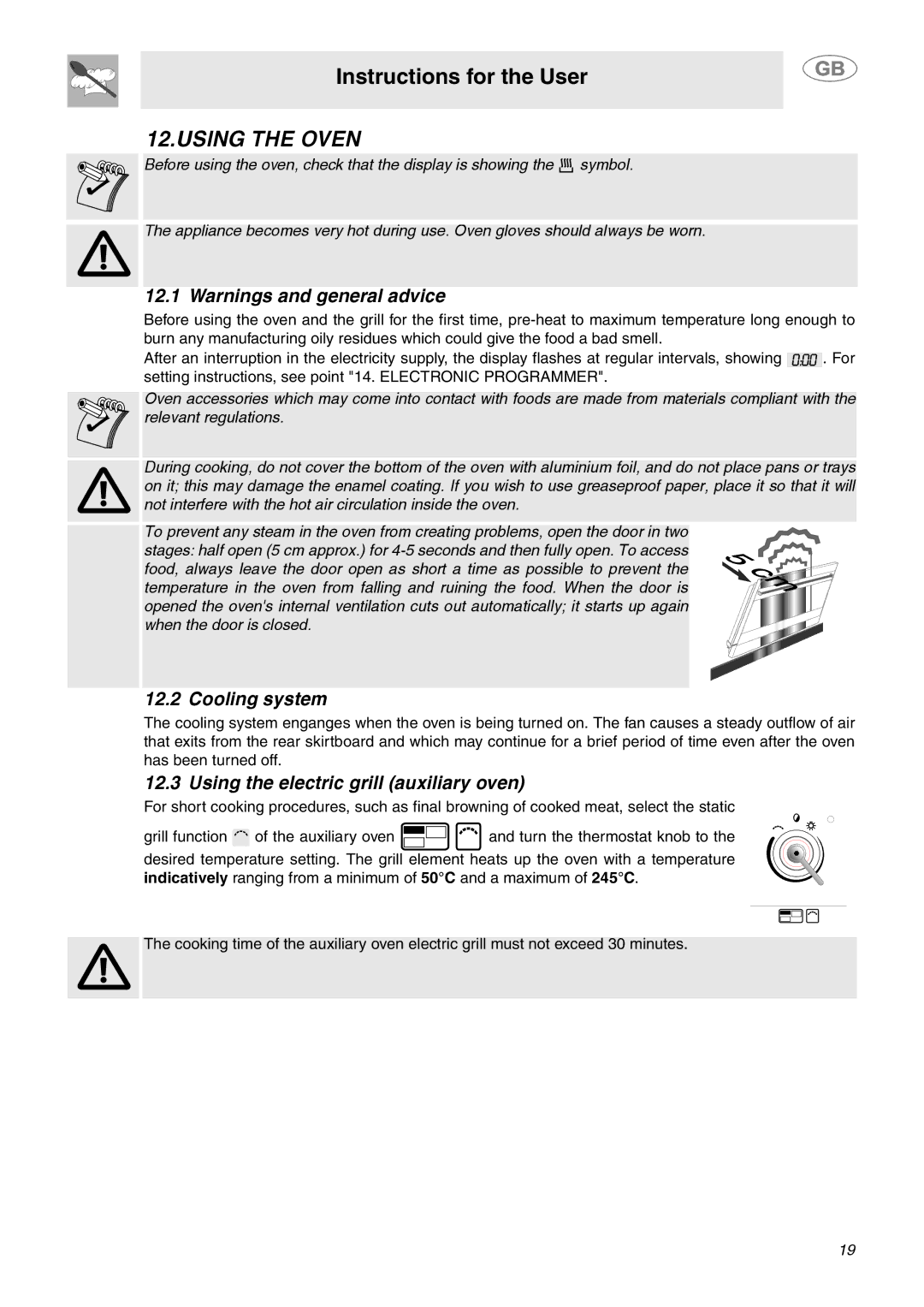 Smeg SY4110 manual Using the Oven, Cooling system, Using the electric grill auxiliary oven 