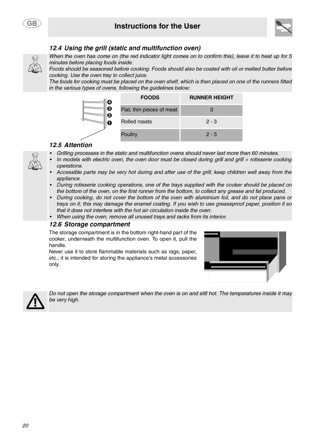 Smeg SY4110 manual Using the grill static and multifunction oven, Storage compartment, Foods Runner Height 