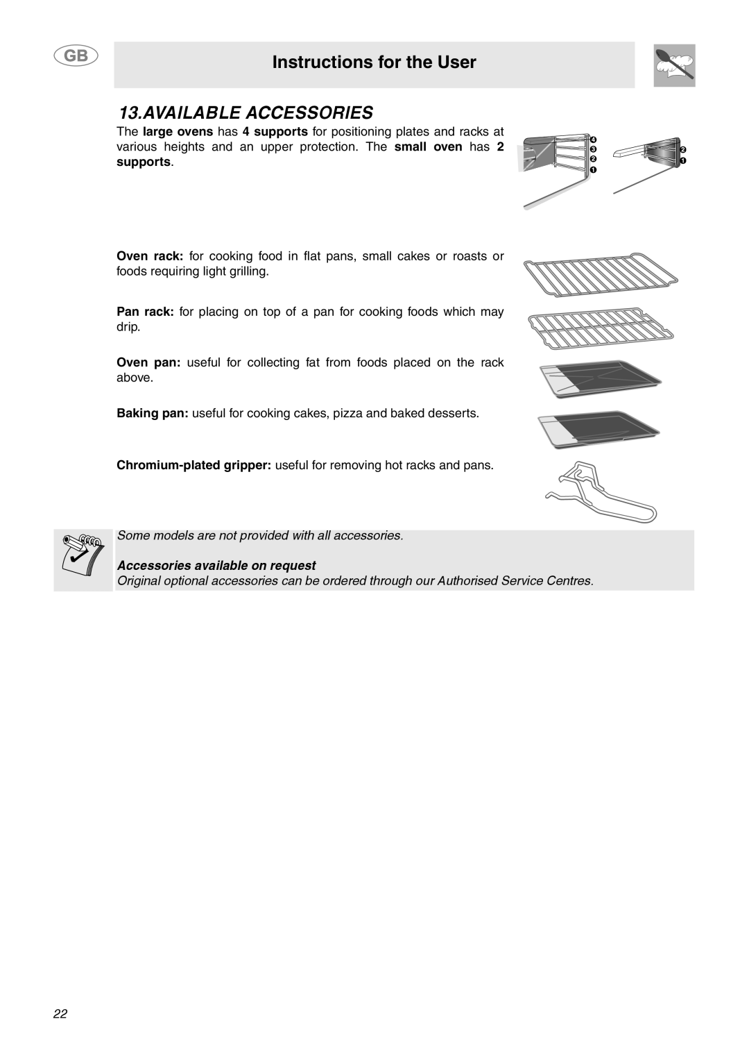 Smeg SY4110 manual Available Accessories 