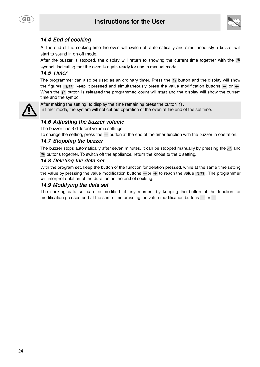 Smeg SY4110 manual End of cooking, Timer, Adjusting the buzzer volume, Stopping the buzzer, Deleting the data set 