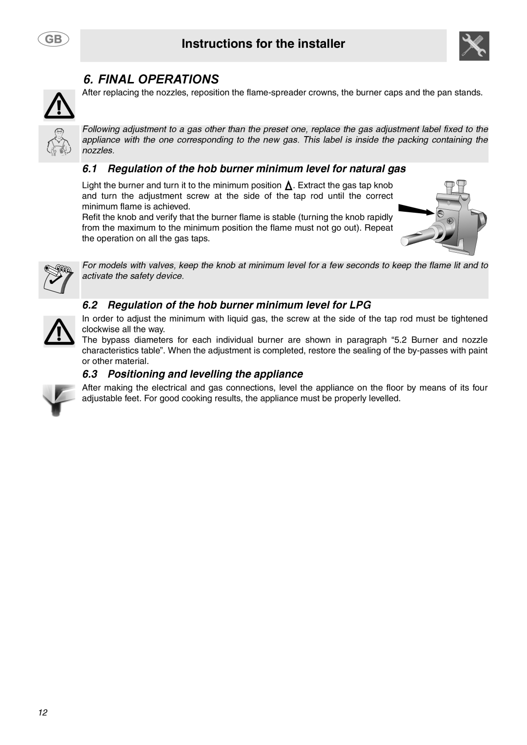 Smeg SY4110 manual Positioning and levelling the appliance, Instructions for the installer, Final Operations 