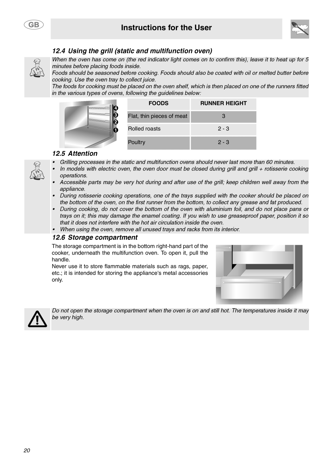 Smeg SY4110 manual Storage compartment, Instructions for the User, Foods, Runner Height 
