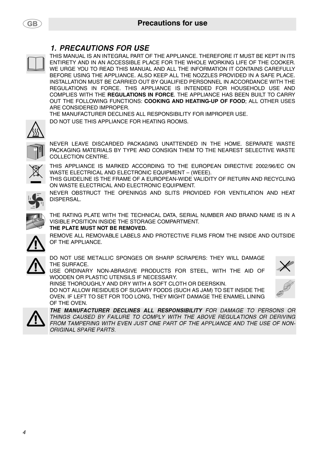 Smeg SY4110 manual Precautions for use, Precautions For Use 