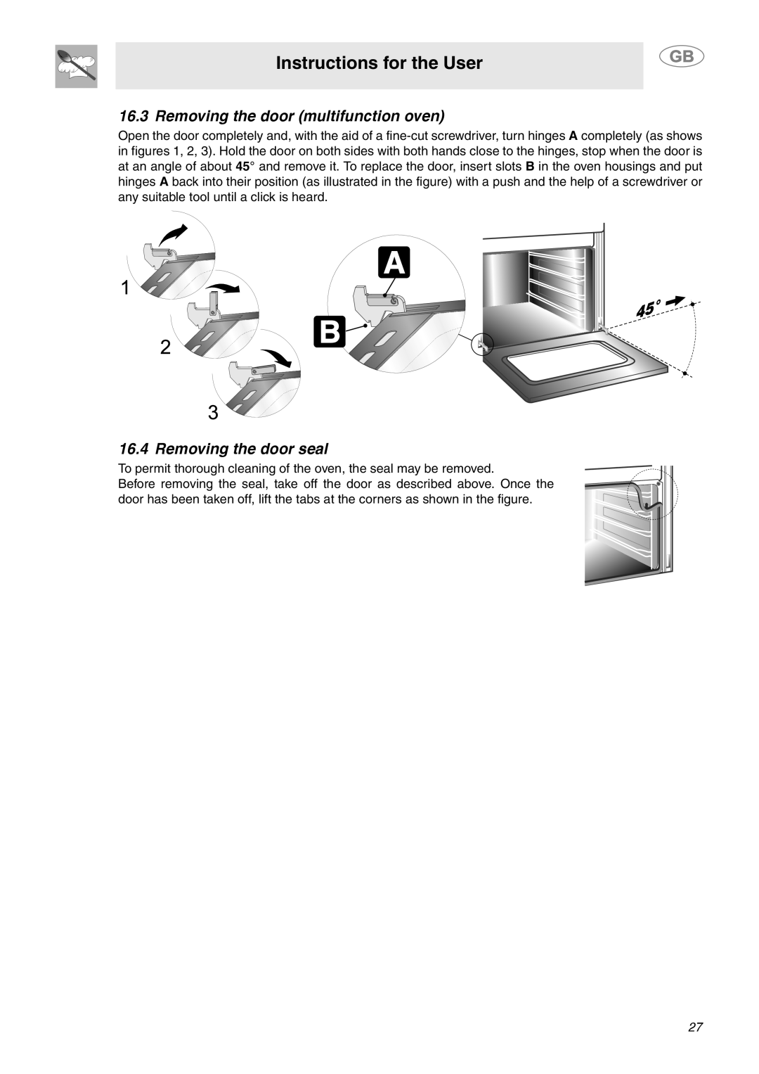 Smeg SY4110 manual Removing the door multifunction oven, Removing the door seal, Instructions for the User 
