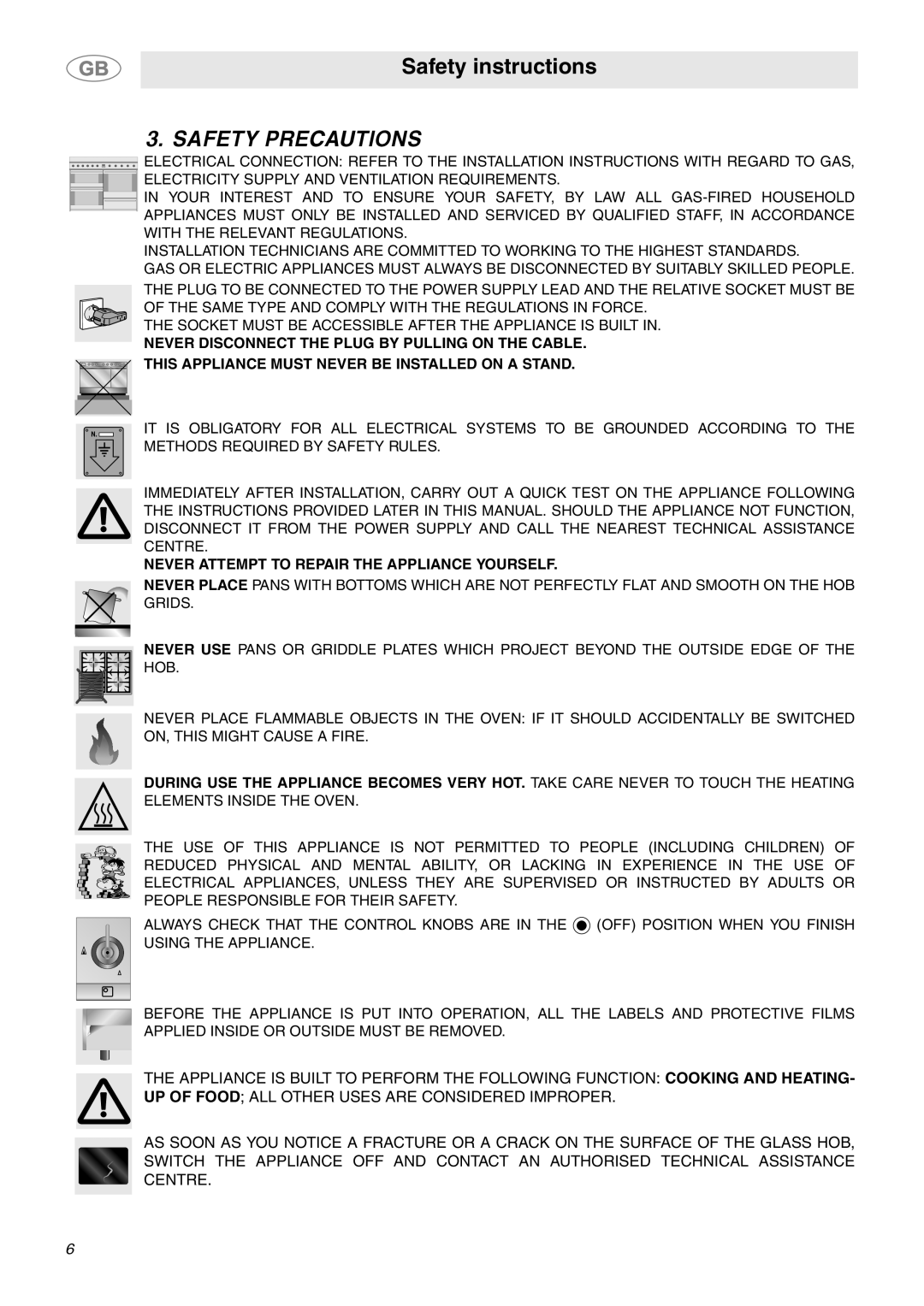 Smeg SY4110 manual Safety instructions, Safety Precautions 