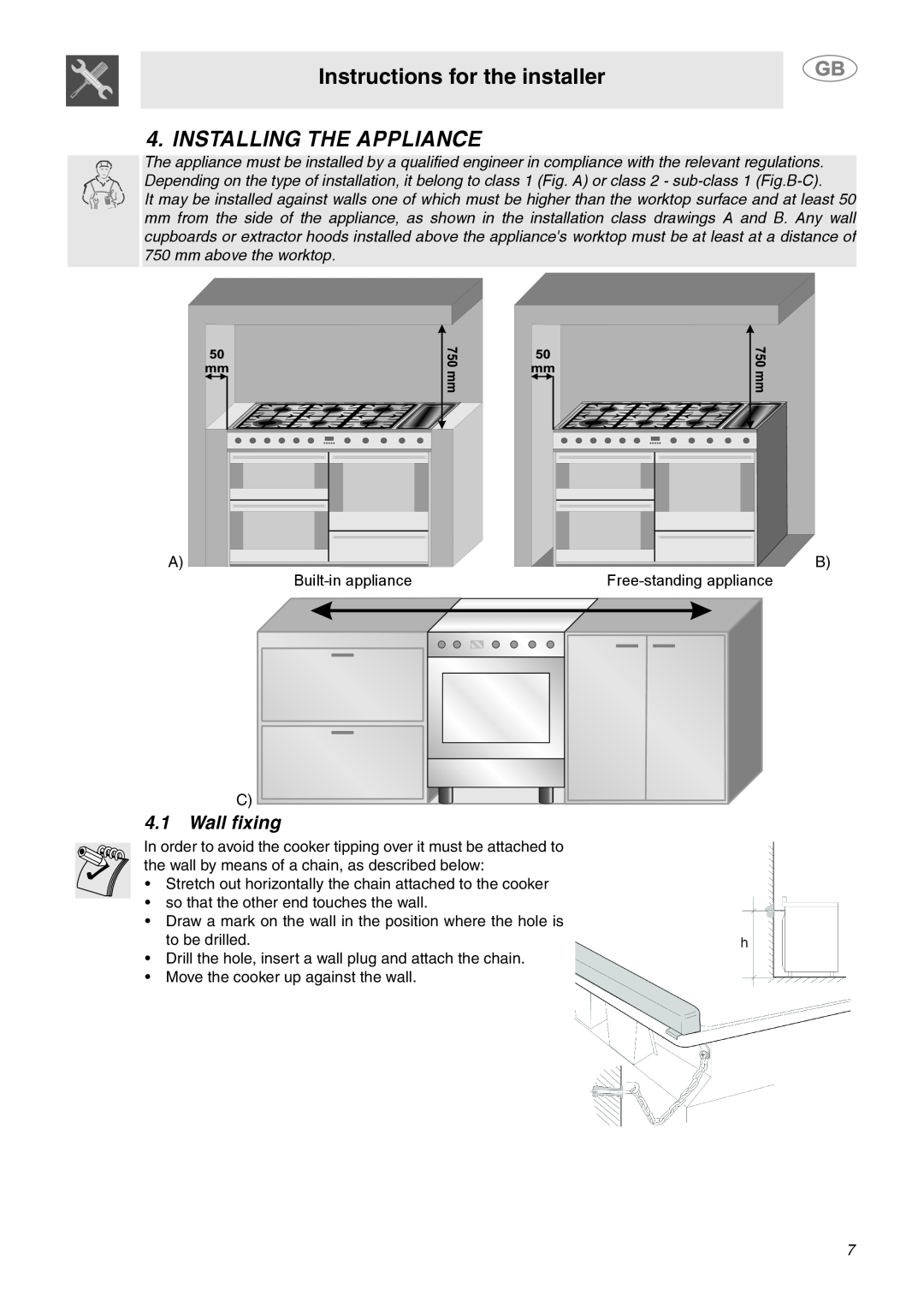 Smeg SY4110 manual Instructions for the installer, Installing The Appliance, Wall fixing 