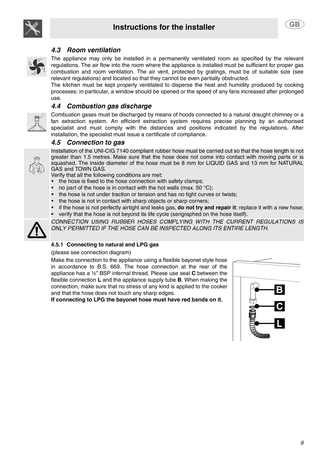 Smeg SY4110 manual Room ventilation, Combustion gas discharge, Connection to gas, Instructions for the installer 