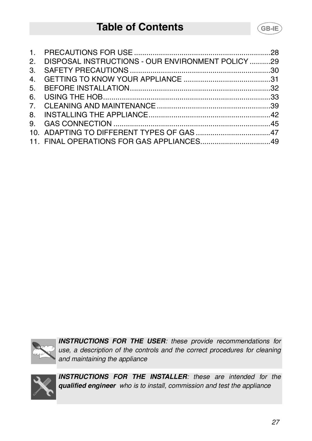 Smeg T18G8X2UG manual Table of Contents 