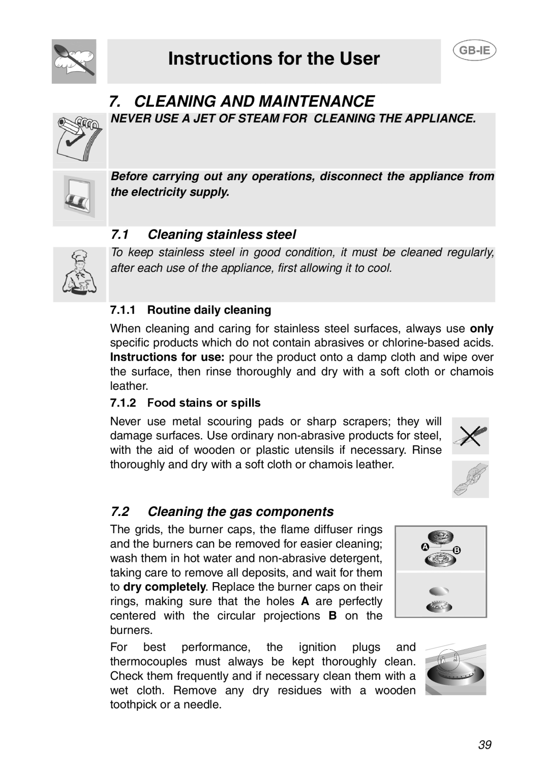 Smeg T18G8X2UG Cleaning and Maintenance, Cleaning stainless steel, Cleaning the gas components, Routine daily cleaning 