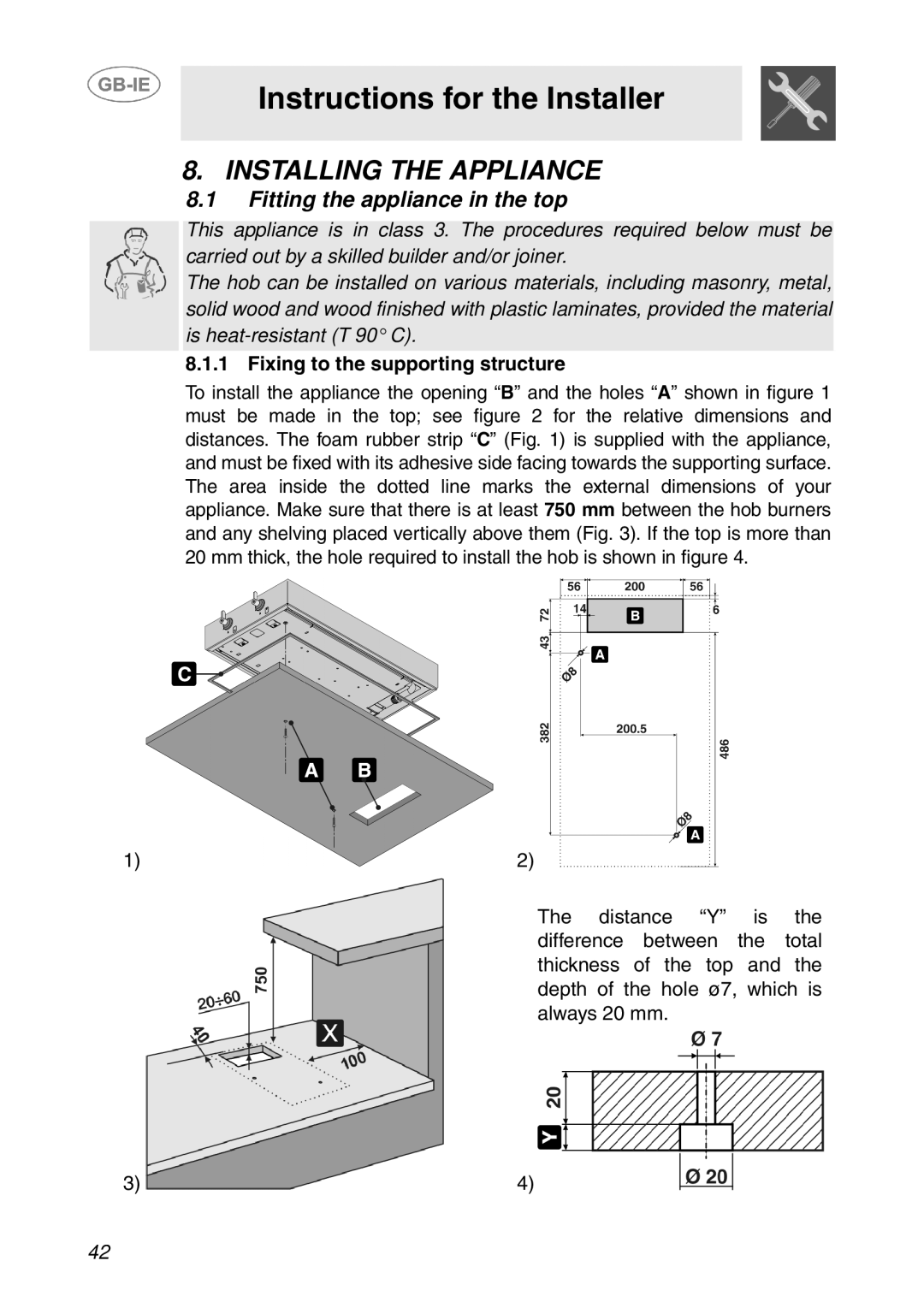 Smeg T18G8X2UG manual Instructions for the Installer, Installing the Appliance, Fitting the appliance in the top 