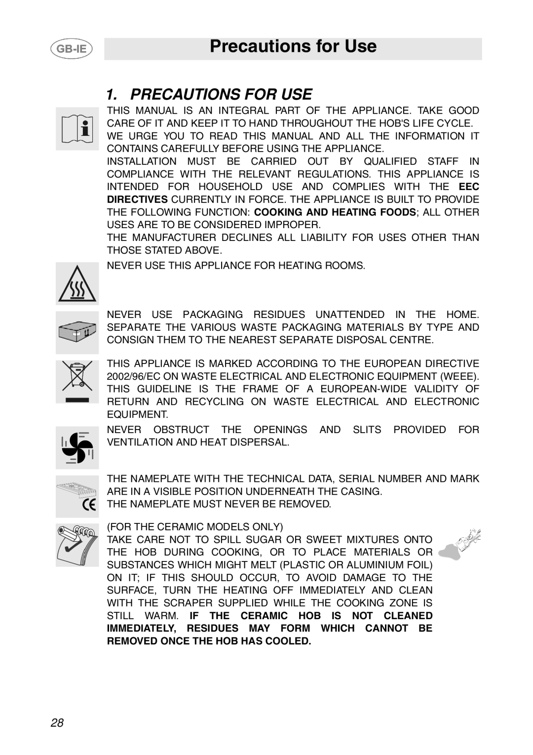 Smeg T18G8X2UG manual Precautions for Use, Precautions for USE 