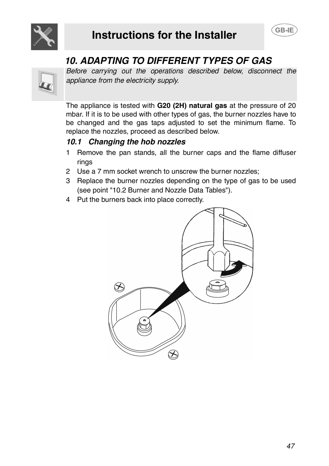 Smeg T18G8X2UG manual Adapting to Different Types of GAS, Changing the hob nozzles 