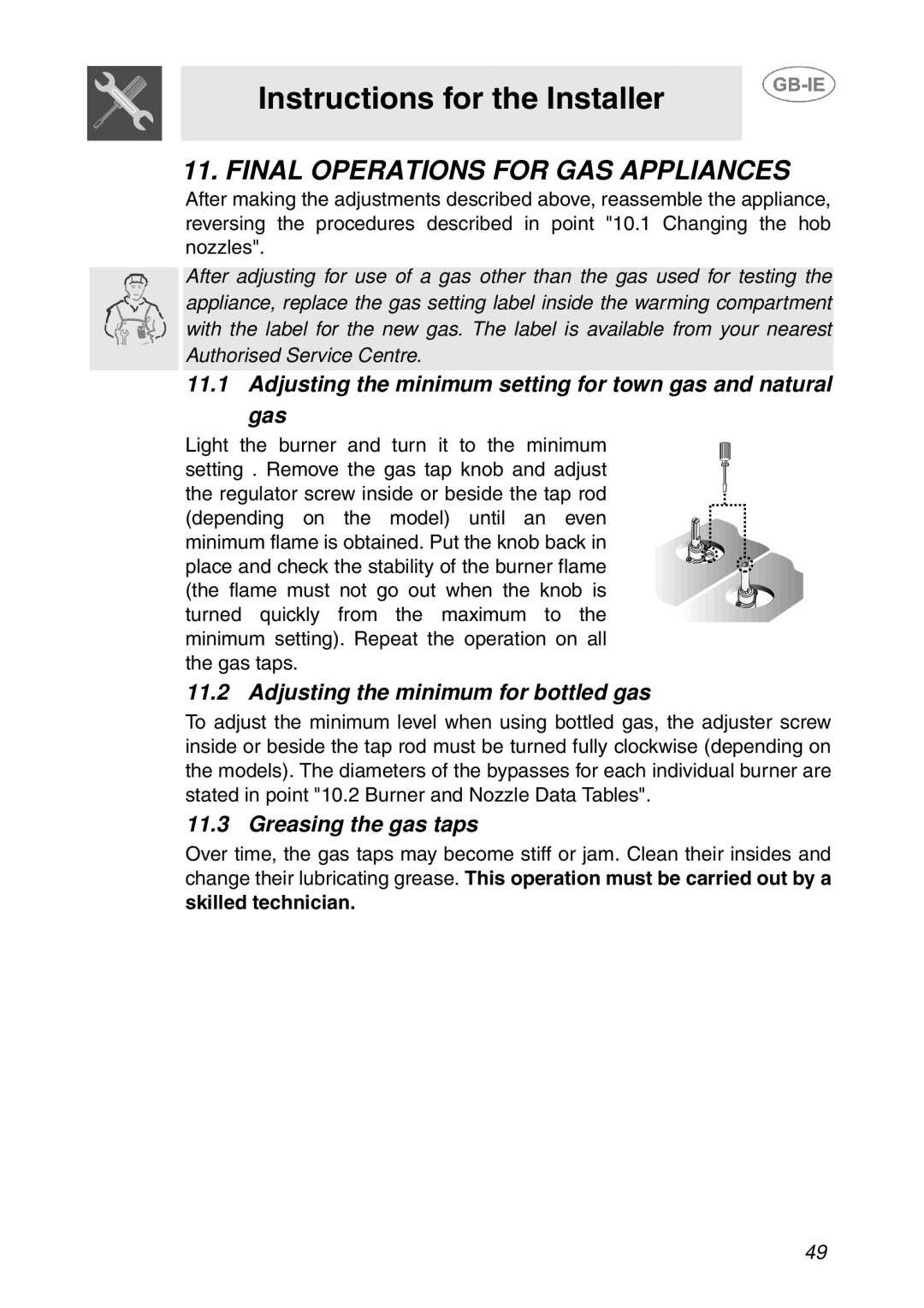 Smeg T18G8X2UG manual Final Operations for GAS Appliances, Adjusting the minimum setting for town gas and natural gas 