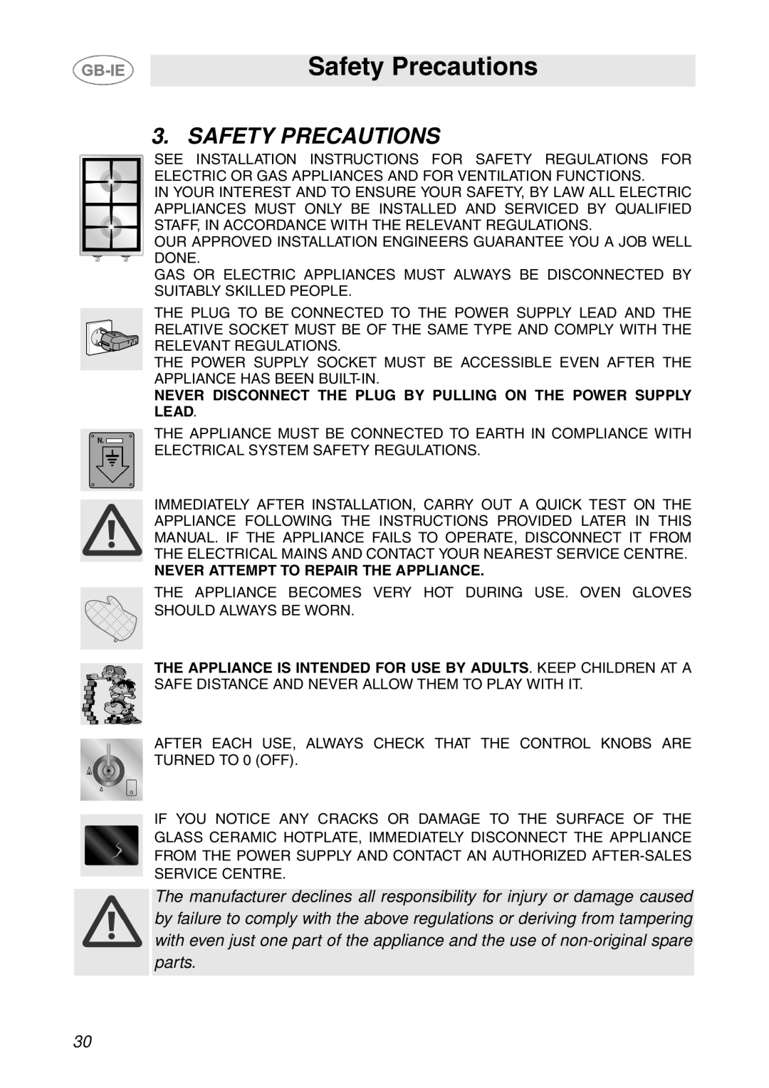 Smeg T18G8X2UG manual Safety Precautions 