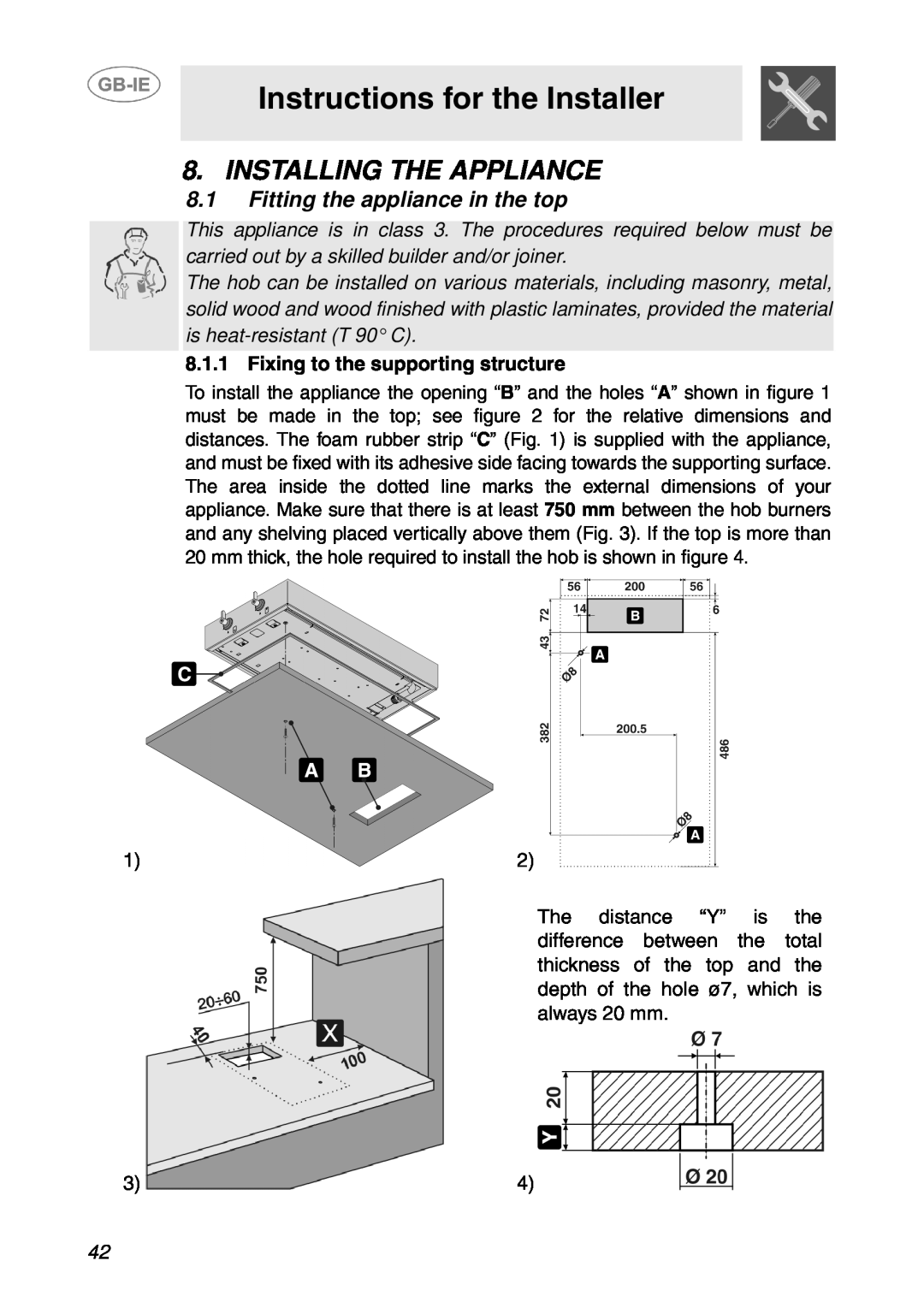 Smeg T18G8X2UG manual Instructions for the Installer, Installing The Appliance, Fitting the appliance in the top 