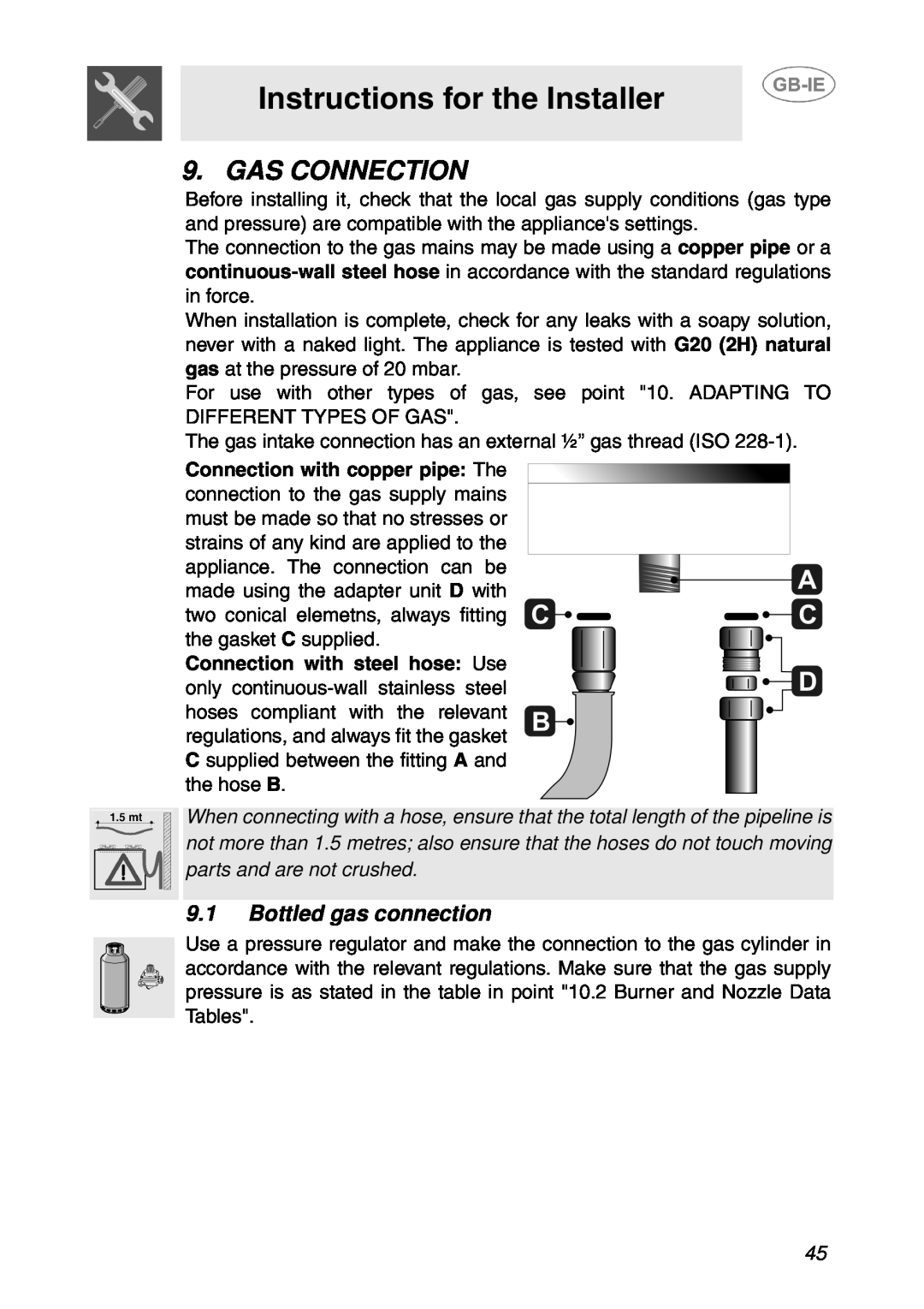 Smeg T18G8X2UG manual Gas Connection, Bottled gas connection, Instructions for the Installer 