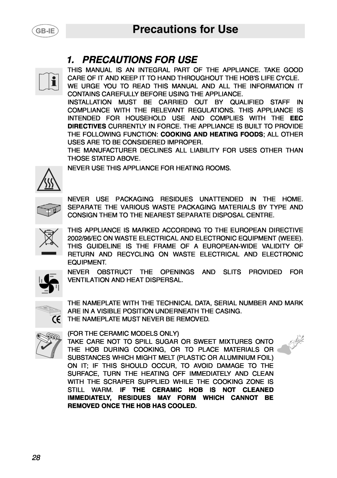 Smeg T18G8X2UG manual Precautions for Use, Precautions For Use 