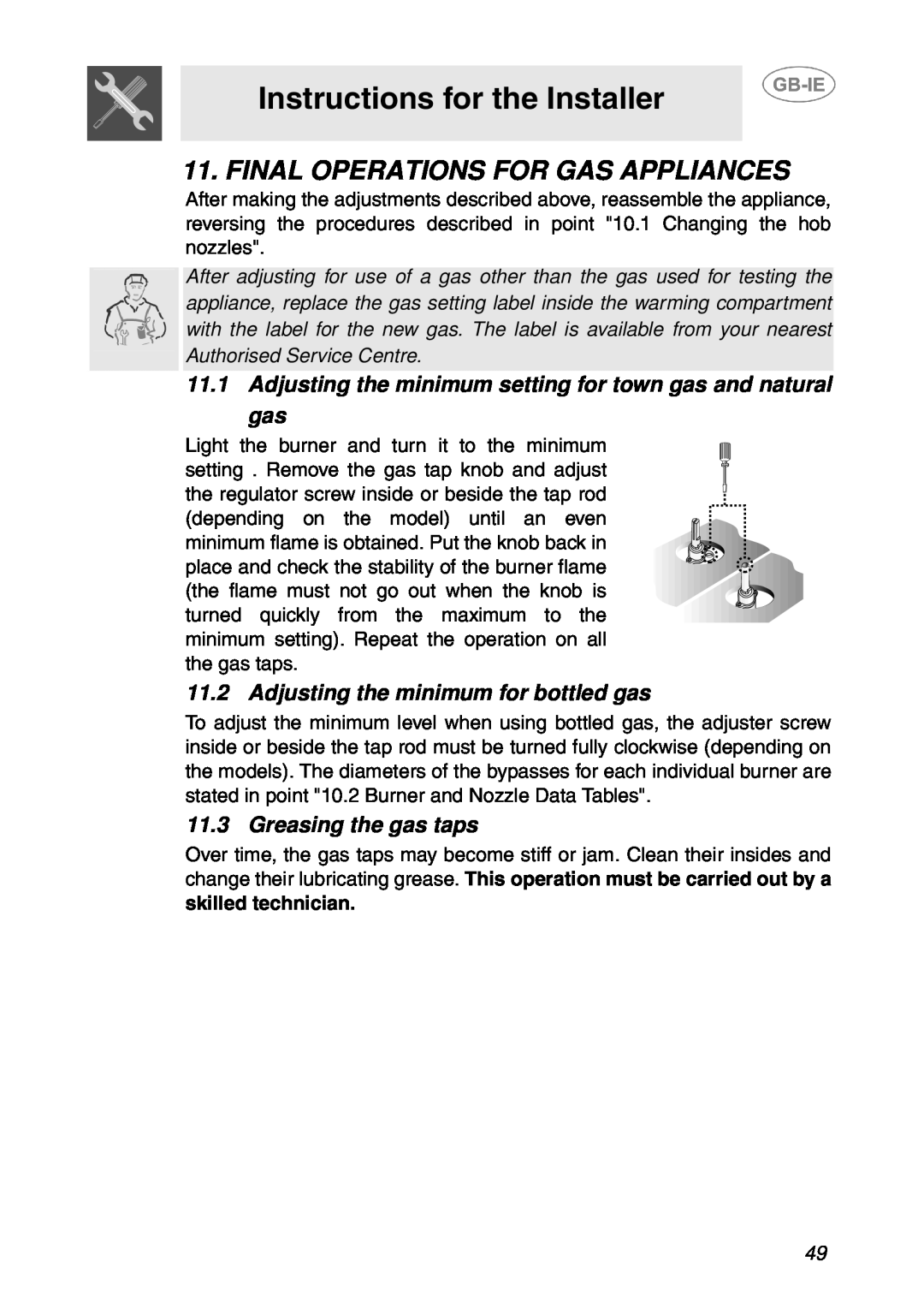 Smeg T18G8X2UG manual Final Operations For Gas Appliances, Adjusting the minimum setting for town gas and natural gas 