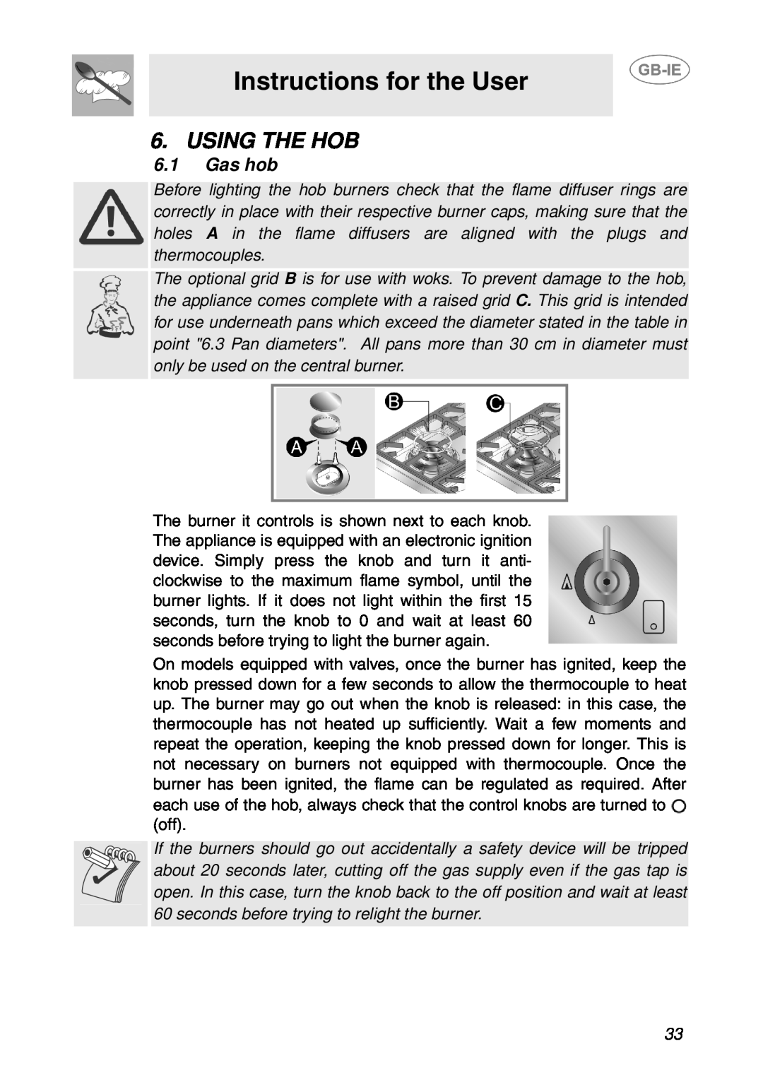 Smeg T18G8X2UG manual Using The Hob, Gas hob, Instructions for the User 