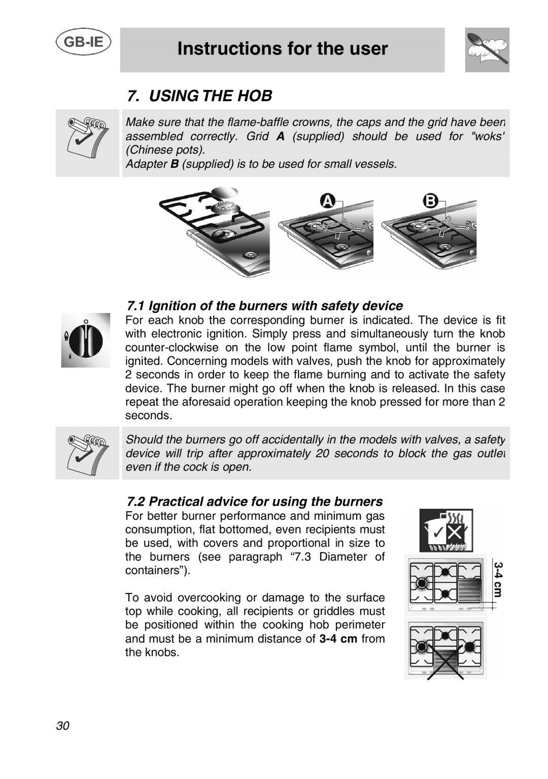 Smeg T2740N1NL manual Instructions for the user, Using the HOB, Ignition of the burners with safety device 