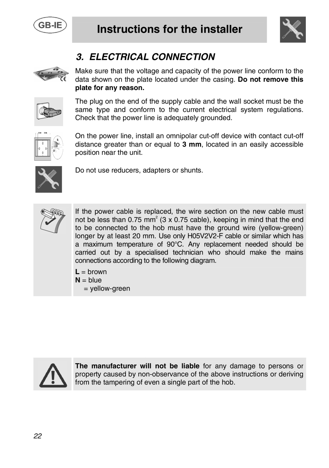 Smeg T2740N1NL manual Electrical Connection 