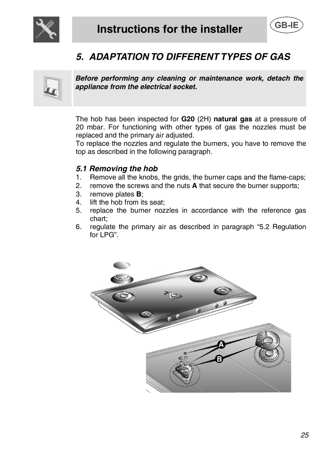 Smeg T2740N1NL manual Adaptation to Different Types of GAS, Removing the hob 