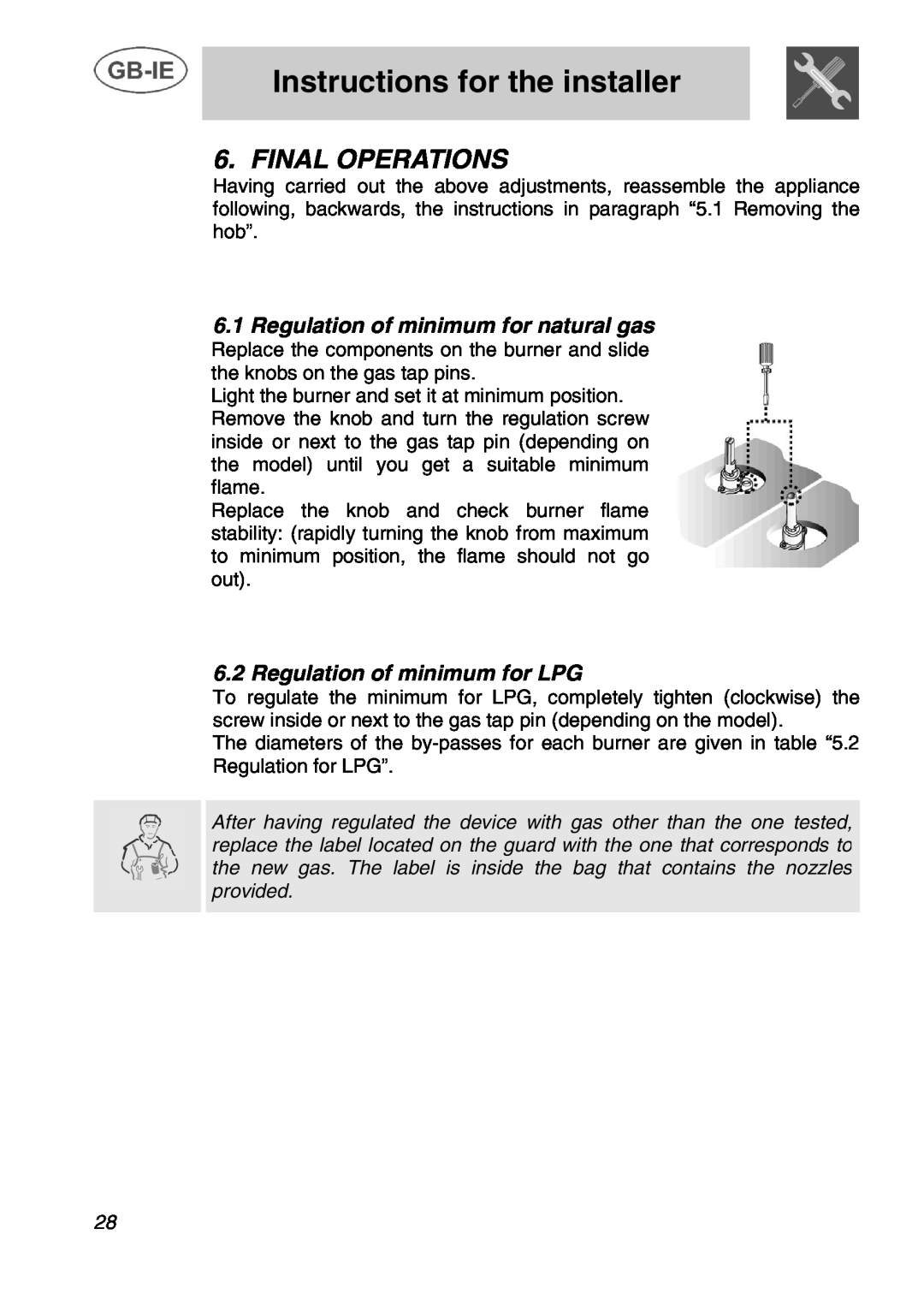 Smeg T2740N1NL manual Final Operations, 6.1Regulation of minimum for natural gas, 6.2Regulation of minimum for LPG 