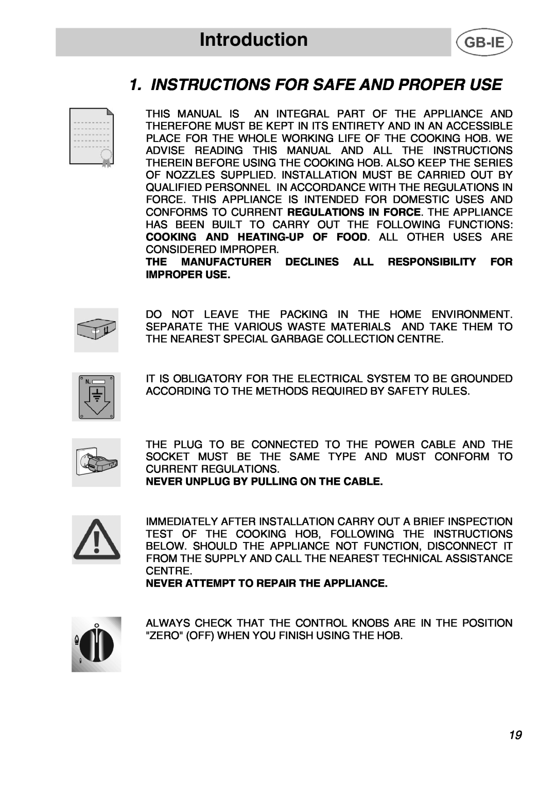 Smeg T2740N1NL manual Introduction, Instructions For Safe And Proper Use, Never Unplug By Pulling On The Cable 