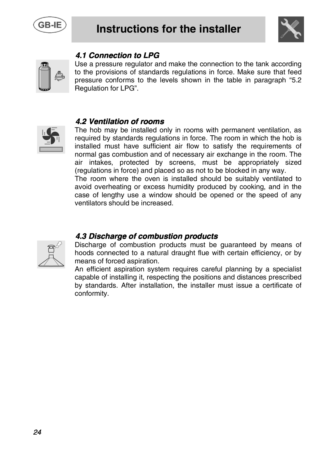 Smeg T2740N1NL Connection to LPG, Ventilation of rooms, Discharge of combustion products, Instructions for the installer 