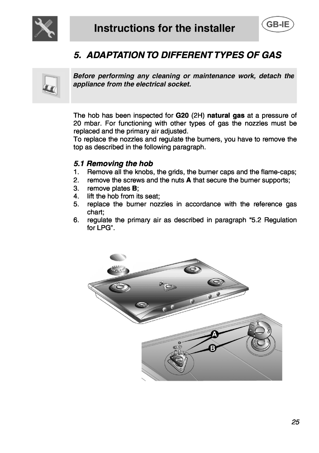 Smeg T2740N1NL manual Adaptation To Different Types Of Gas, Removing the hob, Instructions for the installer 
