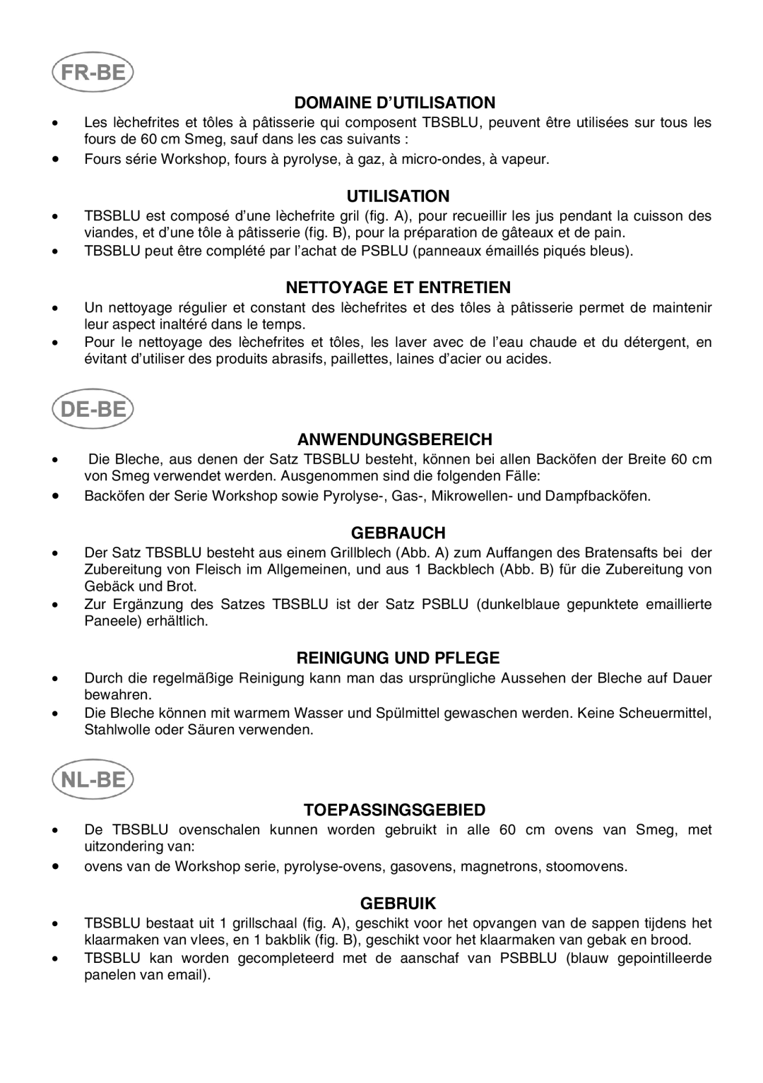 Smeg TBSBLU Domaine D’UTILISATION, Utilisation, Nettoyage ET Entretien, Anwendungsbereich, Gebrauch, Reinigung UND Pflege 