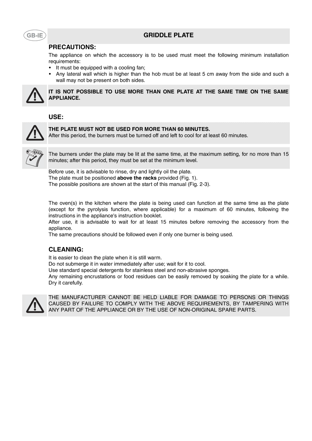 Smeg TBX6090 manual Griddle Plate Precautions, Cleaning, Plate Must not be Used for More than 60 Minutes 