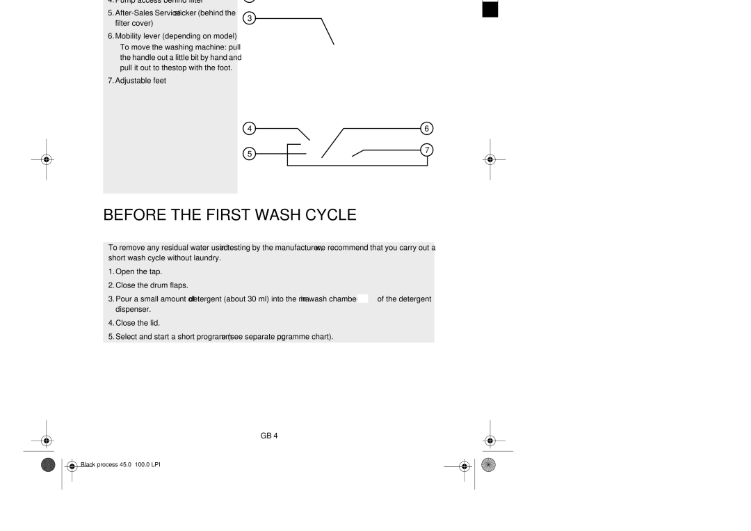 Smeg TLS12 manual Description of the Washing Machine, Before the First Wash Cycle, Adjustable feet 