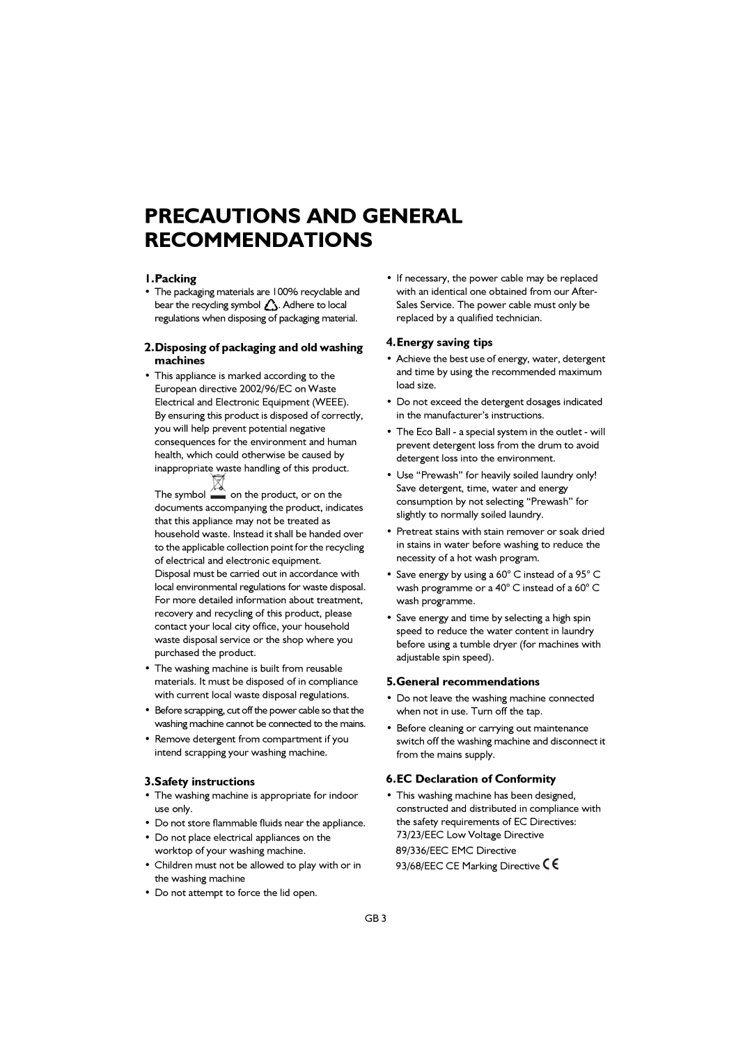 Smeg TLS6, TLS8 manual Packing, Disposing of packaging and old washing machines, Energy saving tips, General recommendations 