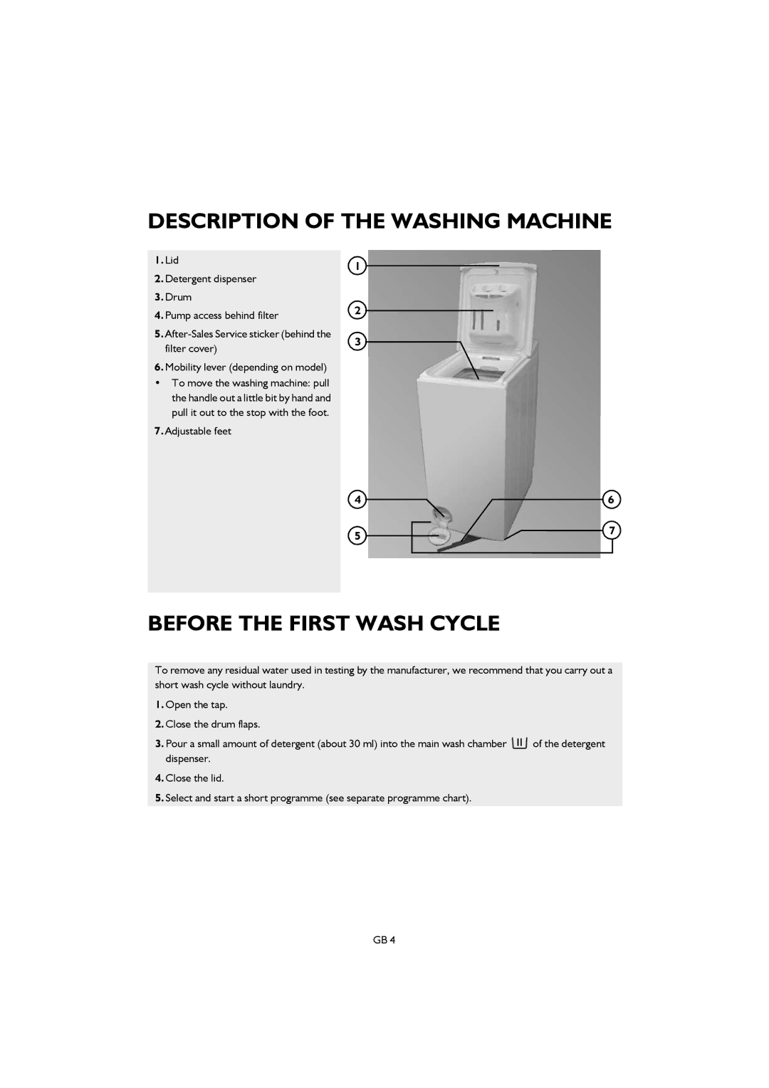 Smeg TLS8, TLS6 manual Description of the Washing Machine, Before the First Wash Cycle, Adjustable feet 