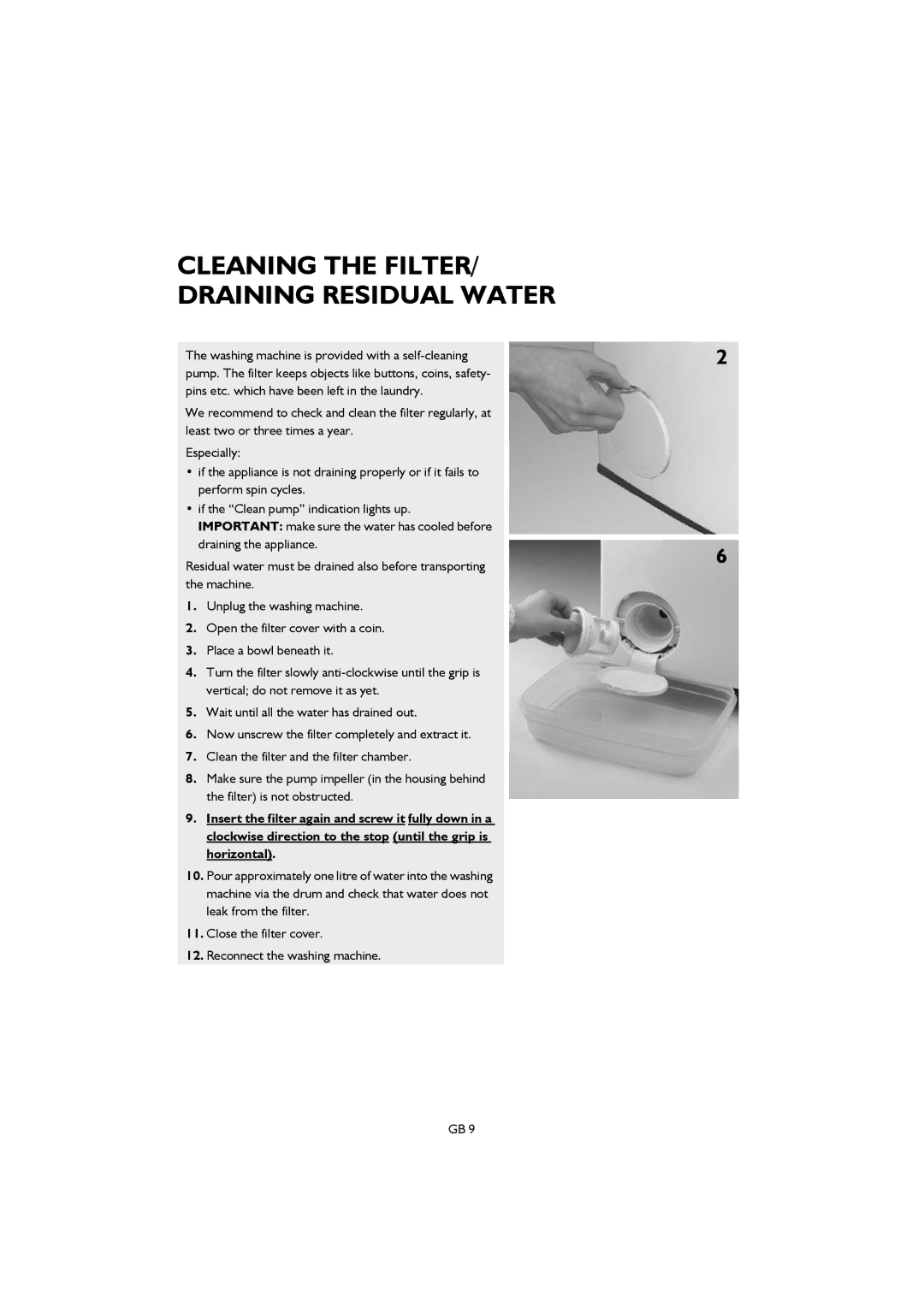 Smeg TLS6, TLS8 manual Cleaning the FILTER/ Draining Residual Water 