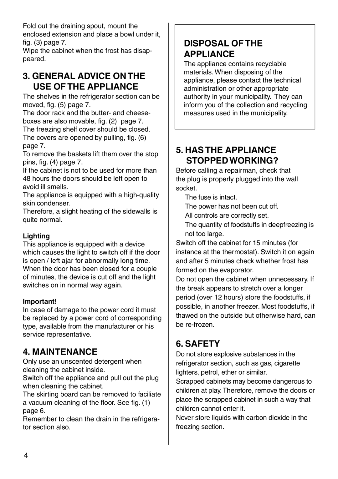 Smeg UKFC36RX2, UKFC40RX3 manual Maintenance, Disposal Appliance, Safety, Lighting 