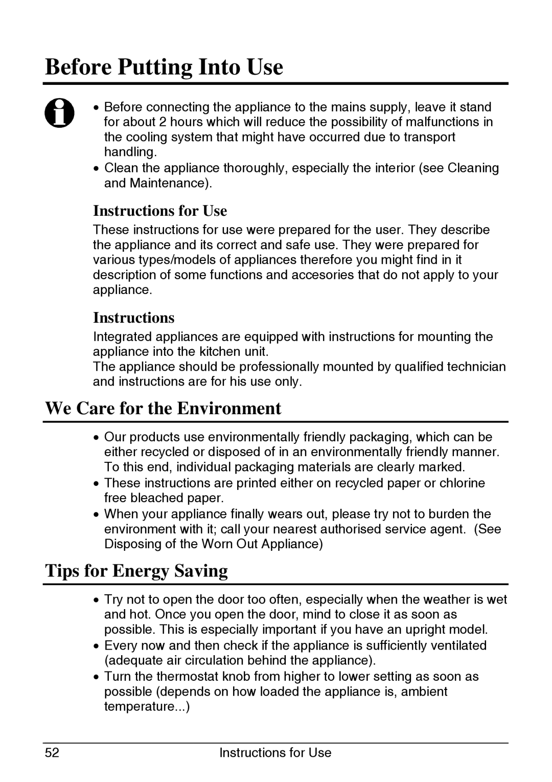 Smeg UKVI144B manual Before Putting Into Use, We Care for the Environment, Tips for Energy Saving, Instructions for Use 